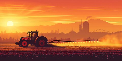 Fototapeta premium Irrigation Tractor Illustration at Sunset
