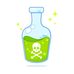 Glass bottle with cork stopper with a green liquid and a sign of skull and bones