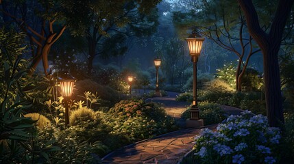 At night, lampposts light up the garden path, casting a soft glow on the surrounding greenery, creating a serene and enchanting atmosphere. - obrazy, fototapety, plakaty