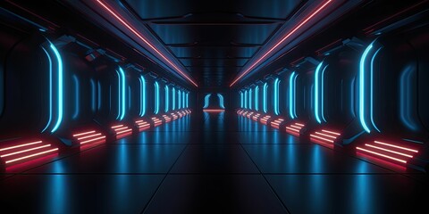 Sci-Fi corridor Futuristic neon glowing light interior in a dark tunnel Reflections. Vibrant 3D rendering of an underground corridor adorned with radiant lights