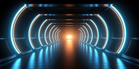 Sci-Fi corridor Futuristic neon glowing light interior in a dark tunnel Reflections. Vibrant 3D rendering of an underground corridor adorned with radiant lights
