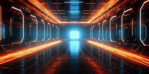 Sci-Fi corridor Futuristic neon glowing light interior in a dark tunnel Reflections. Vibrant 3D rendering of an underground corridor adorned with radiant lights