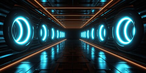 Sci-Fi corridor Futuristic neon glowing light interior in a dark tunnel Reflections. Vibrant 3D rendering of an underground corridor adorned with radiant lights