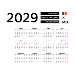 Calendar 2029 Dutch language with Belgium public holidays. Week starts from Monday. Graphic design vector illustration.