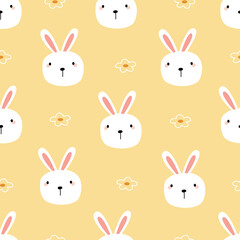 seamless pattern with rabbits and flowers on a yellow background