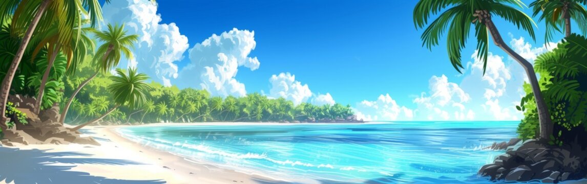 A beautiful beach with palm trees and clear blue water, slice perspective