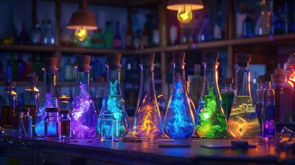 Fantasy laboratory glassware with mysterious green, orange, and blue glowing liquids. - obrazy, fototapety, plakaty