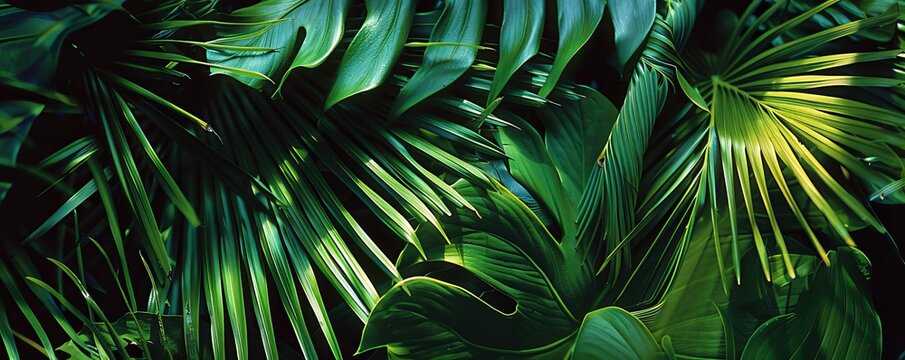 Tropical palm leaves. Jungle core, exotic plants lush wallpaper. 