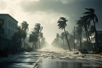 strong wind hurricane та island flood disaster, Hurricane in Florida state of United States, Ai generated - obrazy, fototapety, plakaty