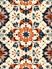 Fototapeta premium Multicultural design. Mediterranean tile wallpaper. Portuguese Azulejo. Turkish motif. Moroccan tilework. Spanish pottery. Ceramic tableware tribal print. Tile motif. Indian quiltwork.
