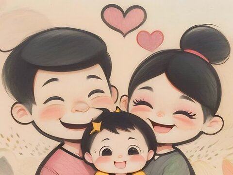 Dad, mom and daughter are smiling. Portrait of a happy family. Family day. Children's Day. Animation.