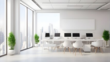 Panoramic white open space office interior with poster