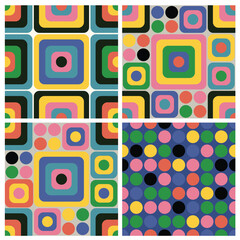 Abstract seamless pattern set with vintage colorful squares. Round corner geometric shapes.