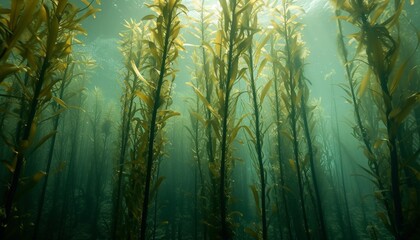 A kelp forest with tall stalks reaching the water surface, mainly exhibiting Ecklonia maxima from below - obrazy, fototapety, plakaty