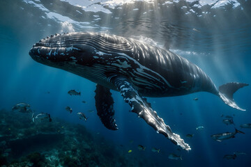 Fototapeta premium A giant whale swimming elegantly undersea