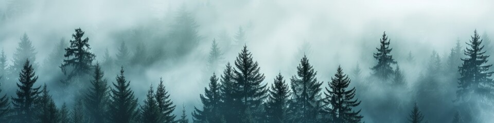 A mysterious forest of fir trees in the fog