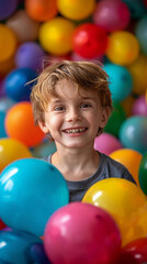 Fototapeta na wymiar Happy Boy with Colorful Balloons Celebrating. A young boy with a bright smile is surrounded by a vibrant assortment of colorful balloons, radiating joy and celebration.