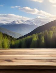 Empty wooden table with background of forest and mountains. Ready for product display Generative AI