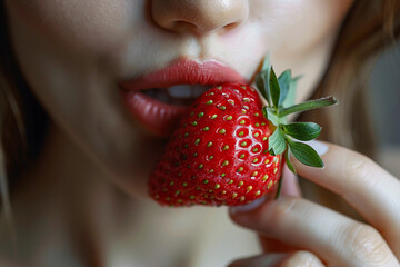 Close-Up of a Woman Tasting a Fresh Strawberry.
A close-up image capturing the moment a woman with red lips is about to taste a ripe, juicy strawberry held delicately in her fingers.

