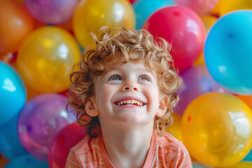 Fototapeta na wymiar Joyful Child with Curly Hair Among Balloons. A young boy with curly hair is smiling brightly, surrounded by a colorful array of balloons, exuding happiness and childlike wonder.