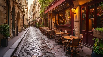 Vintage avenue lined with bistro tables in Paris, France. Charming urban view of Paris. - obrazy, fototapety, plakaty