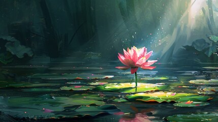 Rosy lotus illuminated by sunshine. - obrazy, fototapety, plakaty