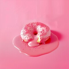 A glossy strawberry donut with dripping pink glaze and shimmering sprinkles on a pink background