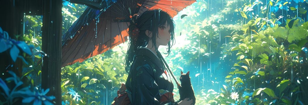 A girl wearing a kimono and an umbrella holding a cat in front of a rainy summer country house. Japanese animation style digital art illustration painting. generative AI