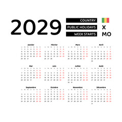 Calendar 2029 French language with Mali public holidays. Week starts from Monday. Graphic design vector illustration.