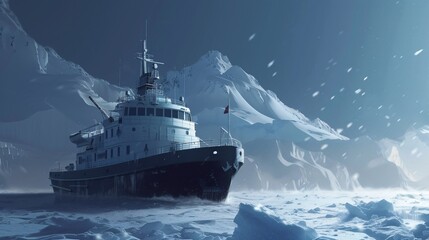 The vessel navigates through a frozen ocean. - obrazy, fototapety, plakaty