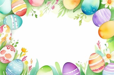 Easter border of eggs, spring flowers, bows, Easter bunny with copy space in the middle. Happy Easter background. Flat lay, top view, copyspace. Pastel colors frame, free place for text. Banner design