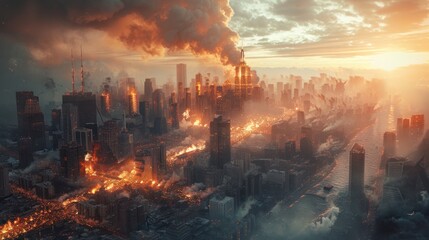 A huge futuristic robot battles with a burning city as the backdrop. - obrazy, fototapety, plakaty