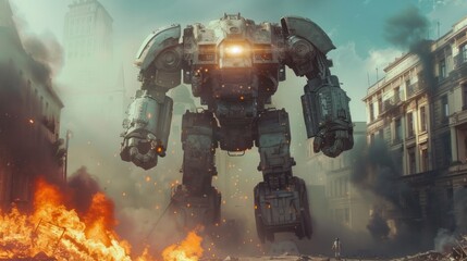 A huge futuristic robot battles with a burning city as the backdrop.