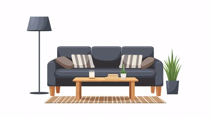 Contemporary furniture illustration featuring a couch, coffee table with a wood center, and standing lamp.