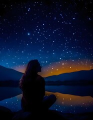 silhouette of a person sitting on the moon, A moment of awe and wonder as the Milky Way lights up the night sky above the mountains 
