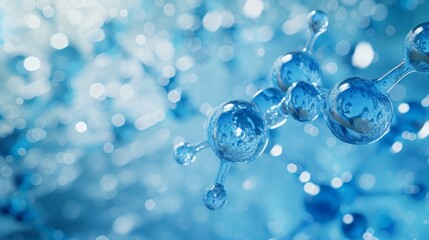 blue molecule atoms structures on blue liquid serum background. Science Molecular water drop DNA Model Structure Atoms bacgkround Medical