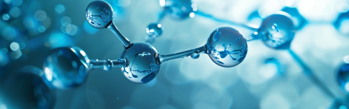 blue molecule atoms structures on blue liquid serum background. Science Molecular water drop DNA Model Structure Atoms bacgkround Medical