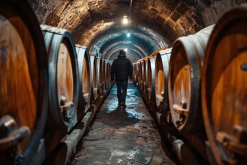 A youthful traveler explores a historic wine cellar in France filled with traditional wooden casks.