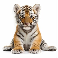 Obraz premium Adorable Tiger Cub Sitting Isolated on White Background Portrait