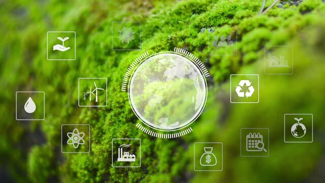 Digital green technology icons on green nature background. Space for logo or text.Net zero, ESG, Envinronmental technology.4k corporate video.