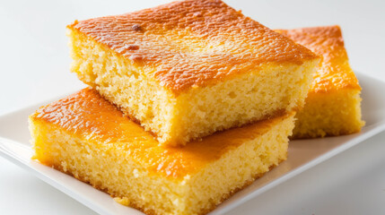 Sliced cornbread with a golden crust on a plate, top view isolated on white background. Classic comfort food concept