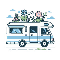 vintage motorhome with flowers- vacation, travel, road trip concept illustration vector
