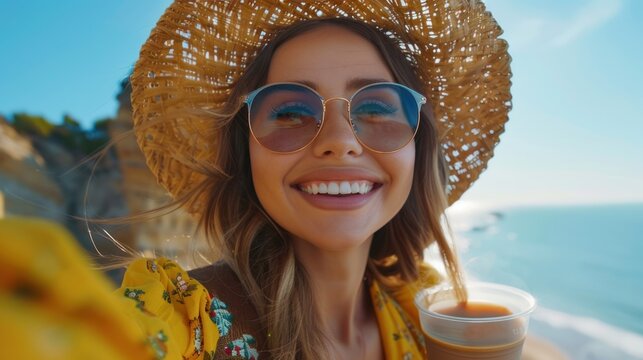Happy young woman takes a selfie with a cup of coffee on holiday, holiday concept.