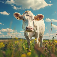 Curious White Cow in a Sunny Pasture with Blue Sky Background