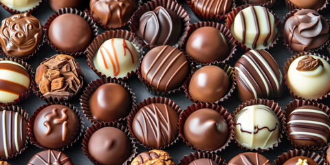 An assortment of gourmet chocolates in white, dark and milk chocolate. Chocolate.