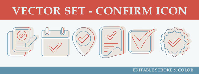 Confirm outline icons. Red and blue color icons. For logo, symbol, sign, clip art or web design. Vector flat illustration.