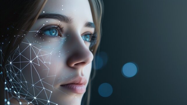 portrait of a woman Face ID. Future. Half Face of Young Caucasian Woman for Face Detection. Brown Female Eye Biometrical Iris Scan Reading for Person Identification