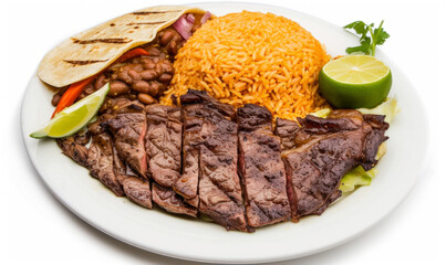 Carne Asada with sides of rice and beans, served with tortillas and a lime wedge, top-down view isolated on white background. Rich Mexican cuisine concept. Design for foodie blogs, recipe collections