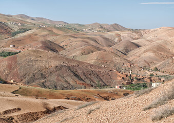 Landscape of desert, mountains and village in Atlas Mountains Morocco near Marrakech.