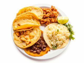 Assorted Pupusa platter with corn tortillas filled with cheese and beans, accompanied by rice, black beans, and a lime wedge, top-down view isolated on white background. 